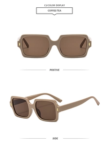 Detailansicht der Front und Seite der quadratischen Vintage-Sonnenbrille in Kaffee-Tee-Farbe