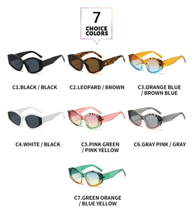 Showcase of seven different color options for retro polygon frame hip hop sunglasses