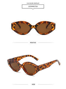 Front and side views of leopard print cat-eye sunglasses with retro brown lenses