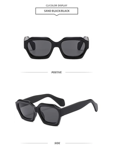 Detailed front and side views of matte sand black geometric sunglasses in a modern style