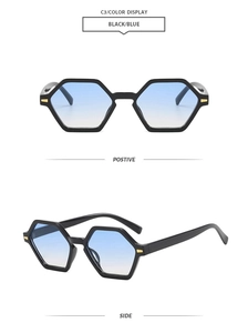 Detail of polygonal sunglasses with black frame, blue gradient lenses and gold accents