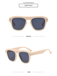 Front and side view of chic beige square frame sunglasses with sleek black lenses
