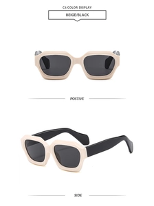 Detailed views of beige and black polygon sunglasses with dark lenses from two angles