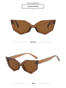 Detailed close-up showing positive and side views of brown geometric cat-eye sunglasses