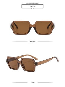 Detailansicht der teefarbenen quadratischen Sonnenbrille mit Modellspezifikationen am Bügel