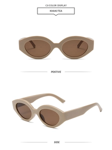 Detailed front and side views of khaki cat-eye sunglasses with UV protection features
