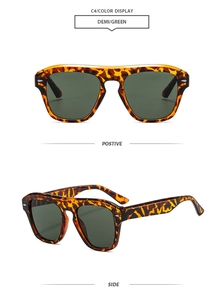 Detail view of tortoiseshell square sunglasses with dark green lenses in front and side views