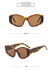 Detail view of leopard print geometric sunglasses with brown lenses and side profile