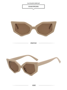 Detailed views showing front and side profile of khaki brown polygonal cat eye sunglasses