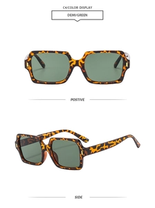 Detailsicht der quadratischen Schildpatt-Sonnenbrille mit grünen Gläsern und Ziernieten