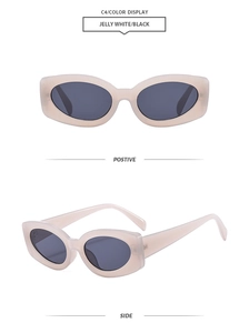 Détail de lunettes de soleil ovales avec monture translucide blanc gelée et verres noirs