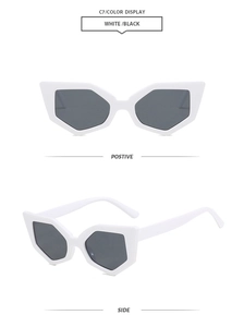 Front and side view of trendy white cat eye sunglasses with grey lenses in detail
