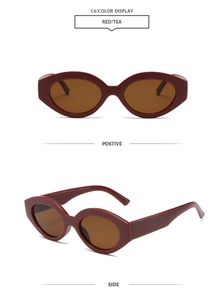 Front and side views of vintage red cat-eye sunglasses with brown tinted lenses