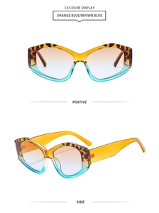Detail of C3 orange and blue gradient geometric sunglasses with tricolor leopard print frame