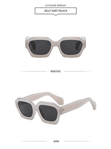 Front and side views of jelly grey and black rectangular sunglasses with dark lenses