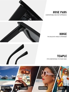 Detail of integrated nose pads and reinforced metal hinges on black rectangular sunglasses