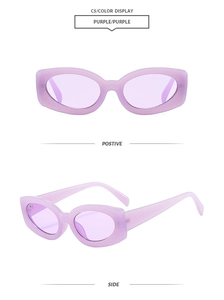 Vues détaillées avant et latérales de lunettes de soleil violettes à monture ovale