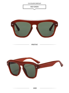 Detailed front and side view of square amber frames with green tinted lenses