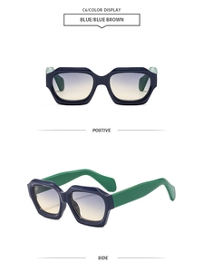 Detailed front and side views of polygon sunglasses with blue frames and gradient lenses