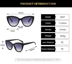 Detailed size chart of cat-eye sunglasses with dimensions and gradient lenses