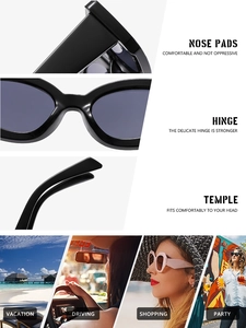 Vue détaillée des lunettes de soleil noires montrant les plaquettes et scènes de vie