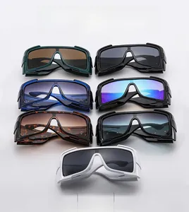 Close-up of oversized shield sunglasses showing wide temples and seven distinct color frames