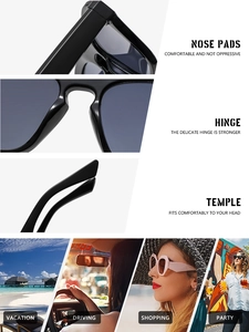 Detail view of square sunglasses with sturdy hinges and comfortable nose pads for travel