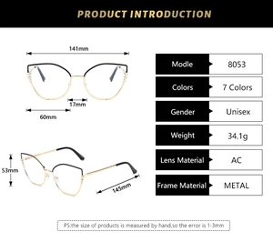 Detailed size specifications of cat-eye eyewear frames with metal bridge and AC lenses