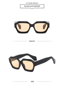 Detail view of C7 polygonal black frames with light brown lenses from positive and side angles