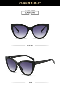 Detailed front and side view of black cat-eye sunglasses with gradient purple lenses