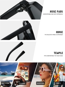Detailed views of eyewear nose pads and hinges alongside outdoor lifestyle scenes