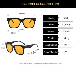 Detailed size specifications for square sunglasses with orange lenses and black frame