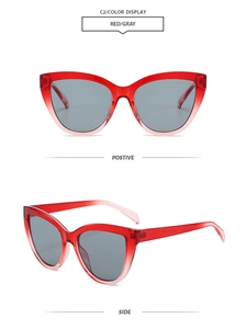 Detail view of red translucent cat-eye sunglasses showing positive and side perspectives