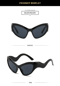Detail of cat eye sunglasses with unique wavy temples in classic black outdoor style
