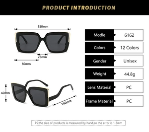 Detailed size specifications for square frame sunglasses with gold temple accents