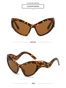 Cat eye sunglasses with leopard print frames, wavy temples and brown lenses shown in detail