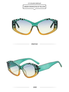 Detailed views of irregular cat-eye sunglasses in green tortoiseshell with gradient lenses