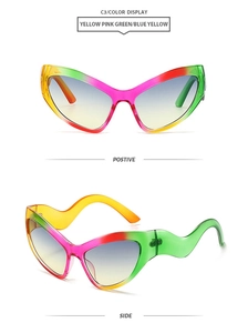 Detail of cat eye sunglasses featuring rainbow gradient lenses and wavy temple design
