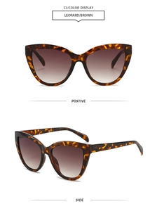 Detail view of leopard print cat eye sunglasses with brown gradient lenses in two angles