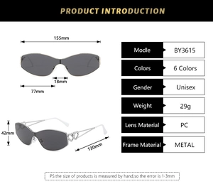 Detailed dimensions of the heart-shaped cat-eye sunglasses with metal hollow temples