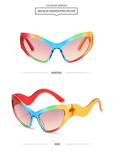 Front and side views of rainbow cat eye sunglasses with curved temples and gradient lenses