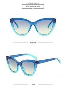 Detail view of blue translucent cat eye sunglasses with grey yellow gradient lenses
