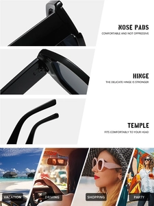 Detail of integrated nose pads and metal hinges on black cat-eye sunglasses