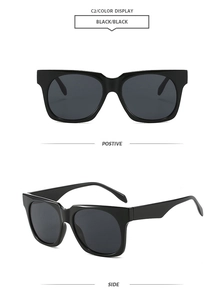 Detail view showing front and side angles of classic black square frame sunglasses