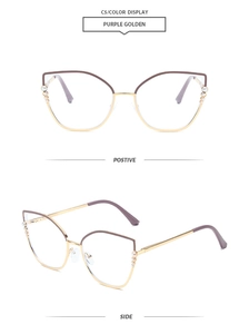 Detail of purple and golden cat eye frames with elegant pearl accents and metal temples