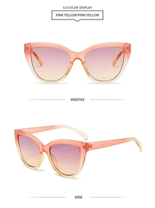Detailed views of retro cat-eye sunglasses featuring pink yellow gradient lenses and frames