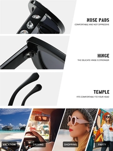Détails de lunettes de soleil noires carrées avec strass et exemples d'utilisation variés
