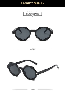 Vues détaillées de face et de profil de lunettes de soleil octogonales noires géométriques
