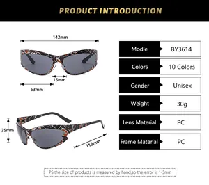 Detailed size chart for unisex narrow frame cat eye sunglasses with precise dimensions
