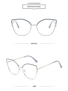 Detailed front and side views of gray-blue cat-eye glasses frames with pearl accents